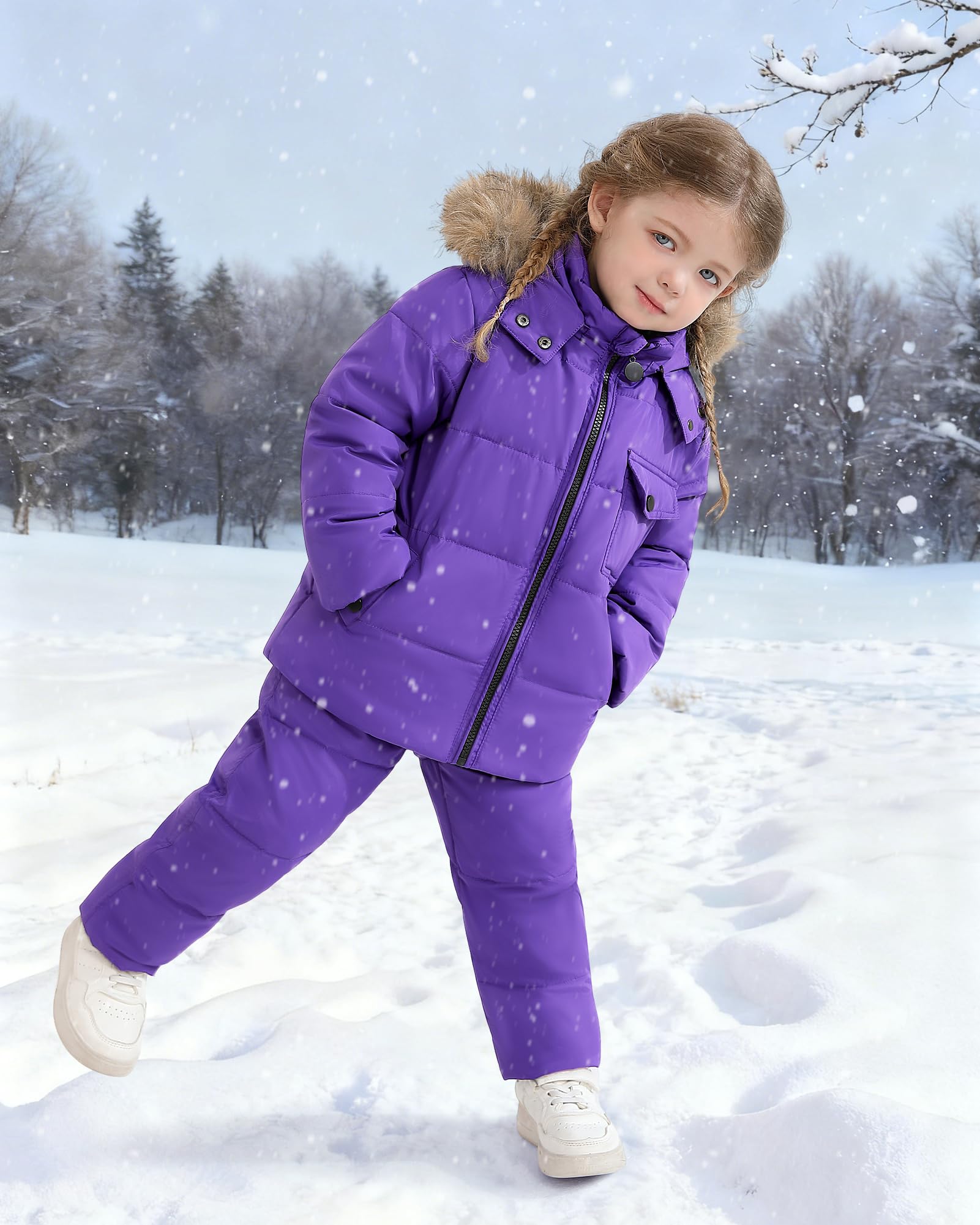 SANMIO Tuta da neve per bambini con cappotto invernale e pantaloni da neve, con cappuccio e pantaloni con bretelle, tuta antivento da sci 2-6T