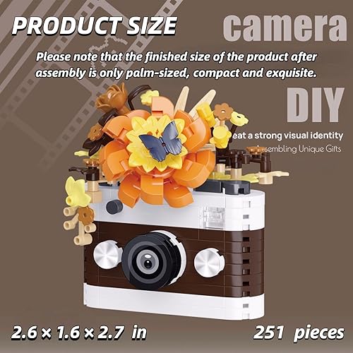 Miniatura 3 de Mini Rose Flowers Retro Camera Micro Bricks Building Set, Miniature Toys for Home Decor, Creative Gifts for Adults Teens 14+ or Photography Fans,