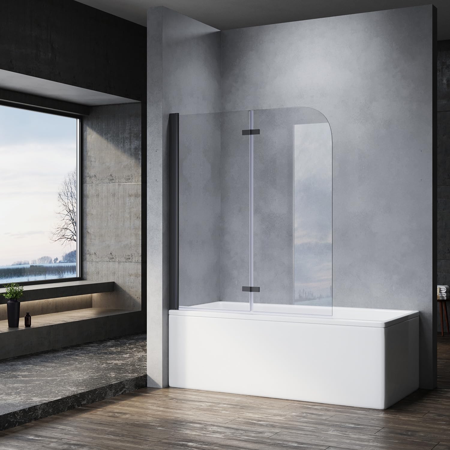 SONNI Box Vasca da Bagno 120x140cm, Di nero Parete Vasca con Dispositivo Pieghevole a 180 °, Vetro Trasparente 6mm Parete Vasca da Bagno Doccia