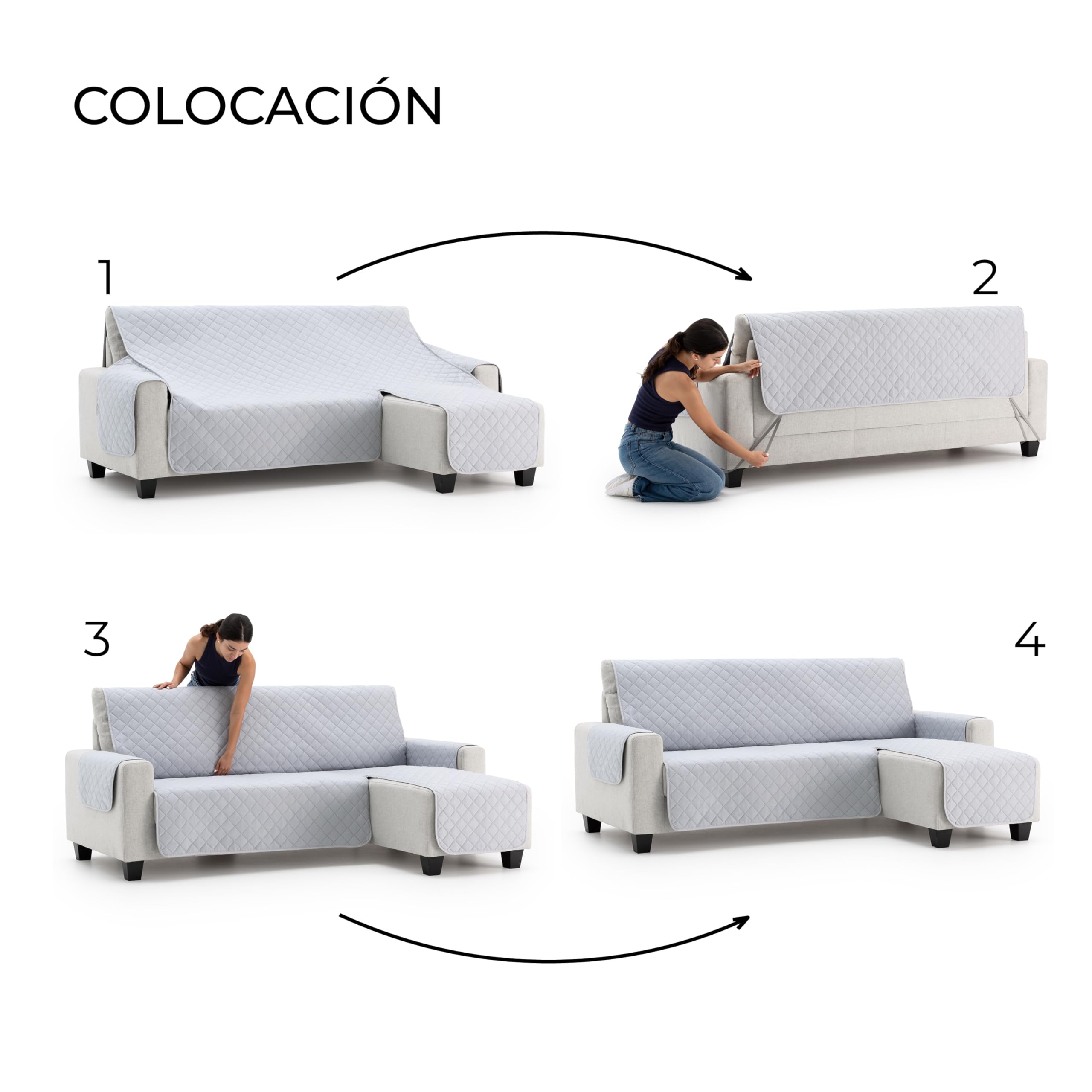 Funda Cubre Chaise Longue Acolchada Due 200 cm, Brazo Derecho, Color Gris, Protector de Sofá Universal, Tacto Suave y Resistente, Ideal para Mascotas, Fabricada en España