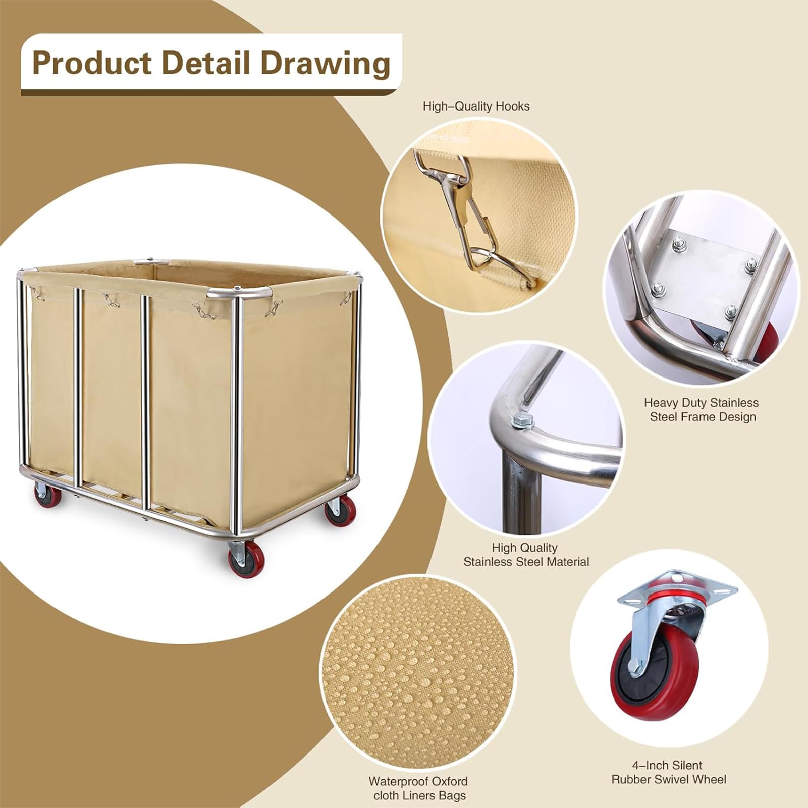Carro de Lavandería Comercial con Ruedas, Carro de Ropa Pesada con Forro de Lona, Capacidad de 100 kg, Cesta de Lavandería Industrial,Beige