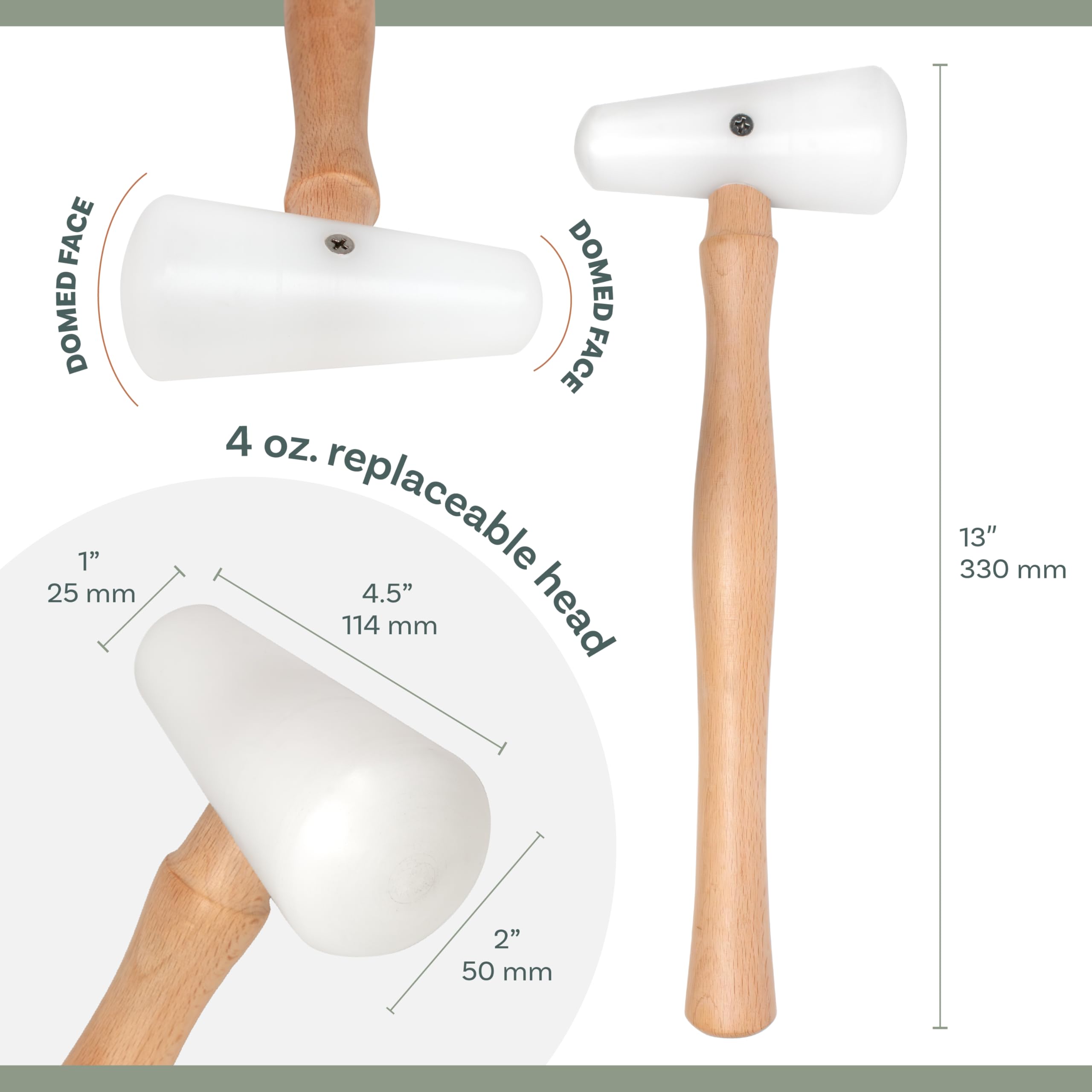 The Beadsmith Nylonowy młotek kopułkowy - podwójny plastikowy niebrudzący młotek, 33 cm, dwustronna głowica 113 g z wypukłymi twarzami 1-calowymi i 5 cm
