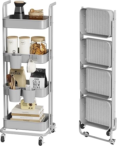 Miniatura 1 de 4 Tier Foldable Rolling Cart, Metal Utility Cart with Wheels, 3 Hanging Cups and 6 Hooks, Folding Trolley for Living Room, Kitchen, Bathroom,