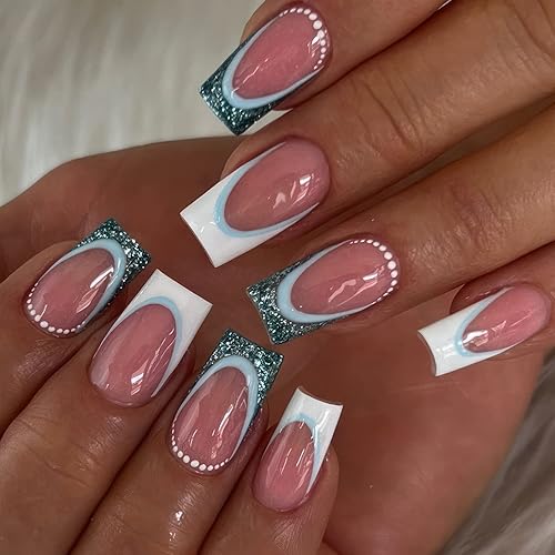24 uñas postizas acrílicas de punta francesa blanca a presión, acabado brillante con diseño de purpurina verde, color rosa nude medio, uñas
