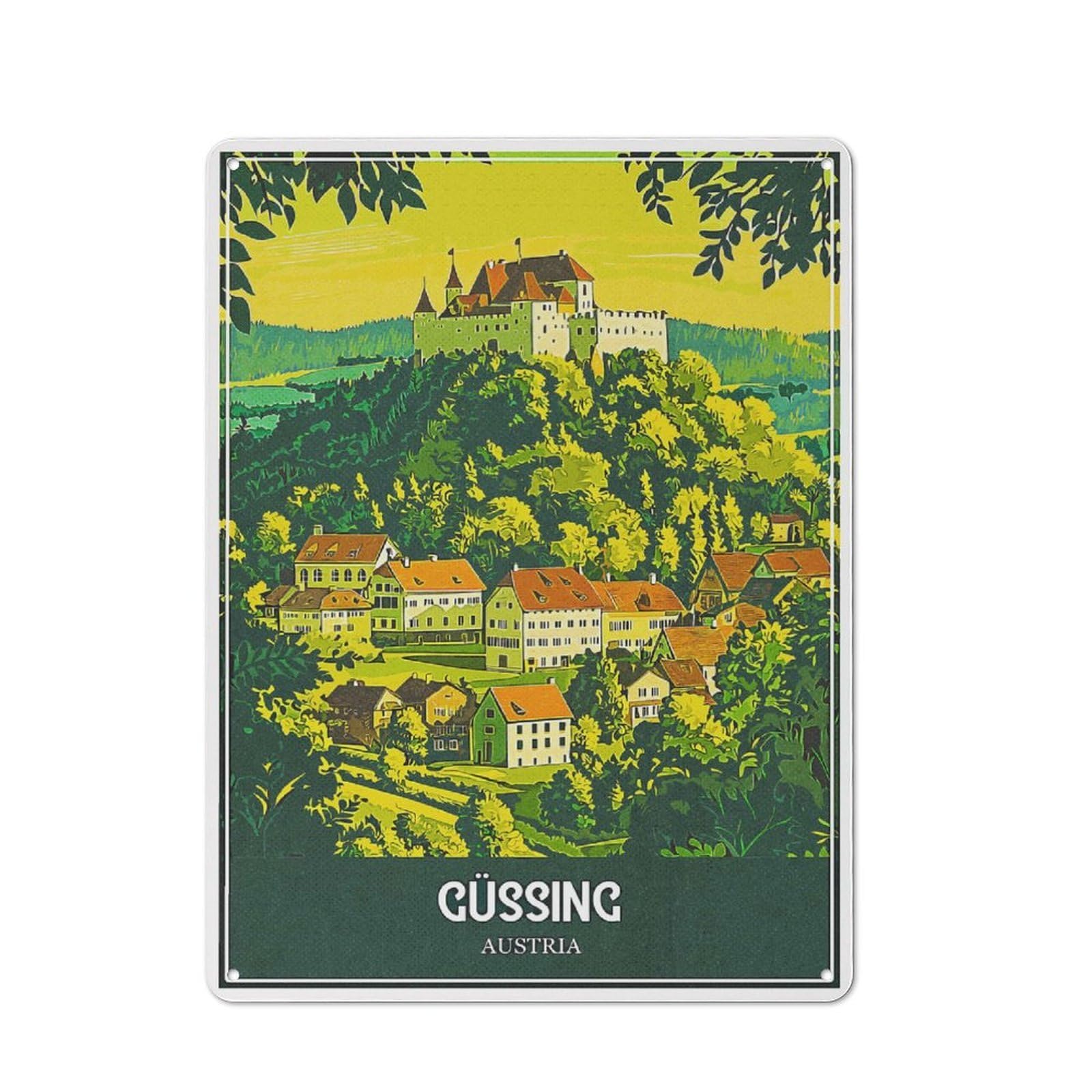 Junmoney Style-17 Tin Sign 40X30cm With Güssing Austria Vintage Travel For Workshop Wall, Retro Decor, For Metal Sign Collectors, For Cafés, Pubs And Restaurants