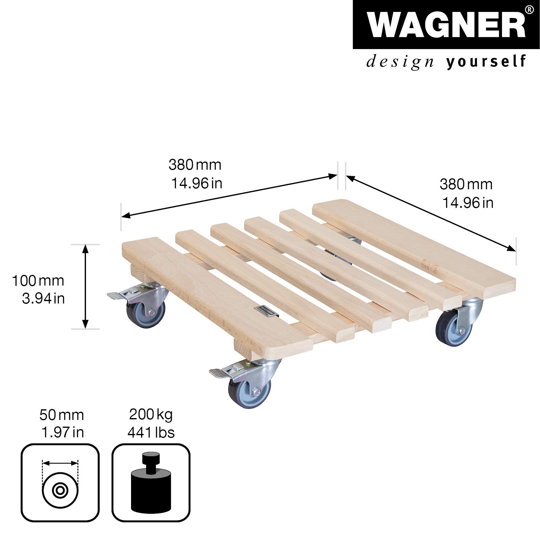WAGNER Carrello per piante PIANO 38 x 38 x 10 cm I Per interni, faggio naturale I Portavaso in legno massello FSC® con Ruote I 2 Ruote con freno I Portata 200 kg I Fatto in UE - 20032901