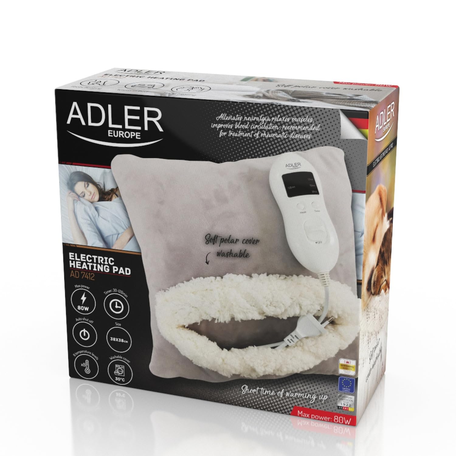 Adler AD 7412 Elektrisches Heizkissen Wärmekissen 80 W 8 Temperaturstufen mit Timer Waschbar 38 x 38 cm Grau