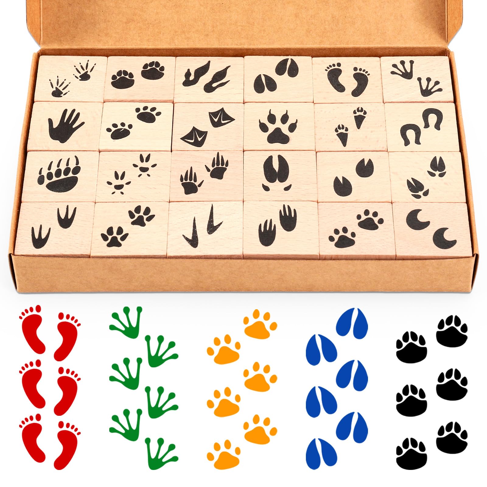 Whaline 29 sellos de goma de madera con huellas de animales con almohadillas de tinta para manualidades, huellas de animales de dibujos animados, sellos de manualidades para decoración de fiestas