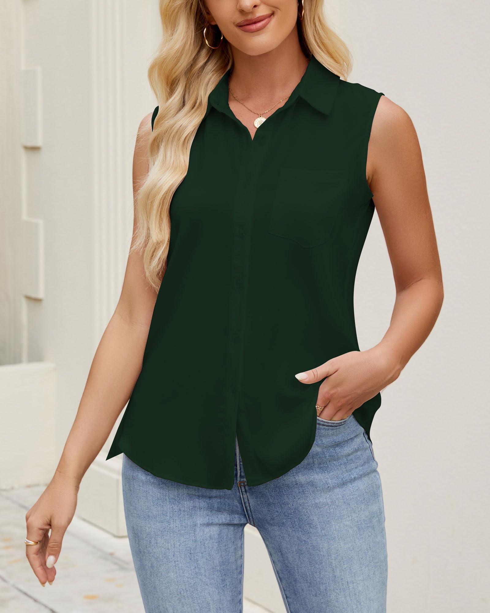 Spring SEAON Womens Sleeveless Button Down Shirt Classic Collared Blouse Basic Tank Tops Work Office Satin Tops