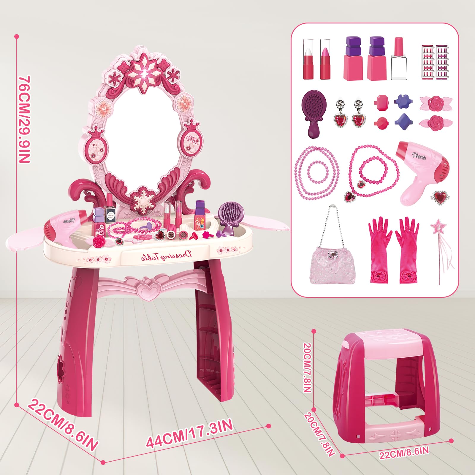 deAO Set Parrucchiera Bambina con Sgabello, Specchiera Trucco Bambina con Musica, Luce Salon Bambini Trucco Set per Ragazze Giochi Bambini da 3 Anni (Rosa)