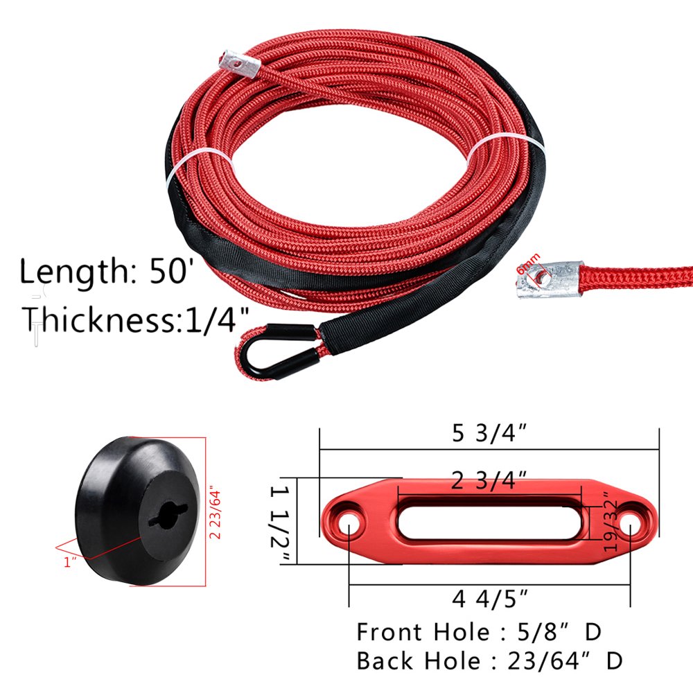 Astra Depot Red 50ft 1/4 inch 7000lbs Synthetic Winch Rope All Heat Rock Guard + Winch Stopper + Red Hawse Fairlead Car Truck ATV UTV Ramsey KFI
