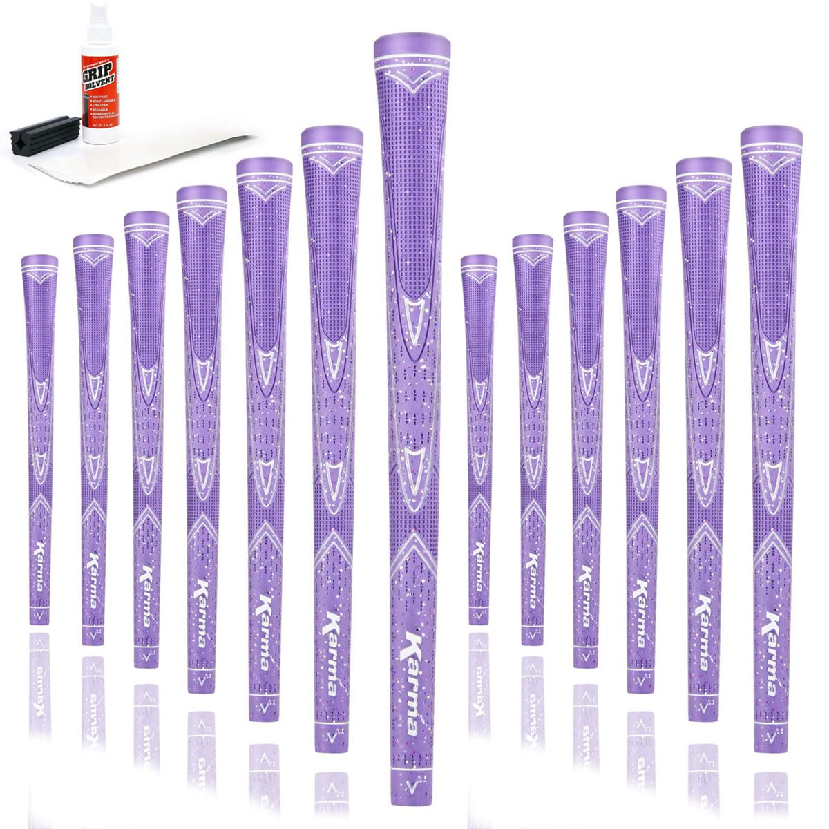 Karma Sparkle Purple Golf Grip Kit for Women with Tape Strips, Grip Solvent, Rubber Vise Clamp and 13 Ladies Golf Grips