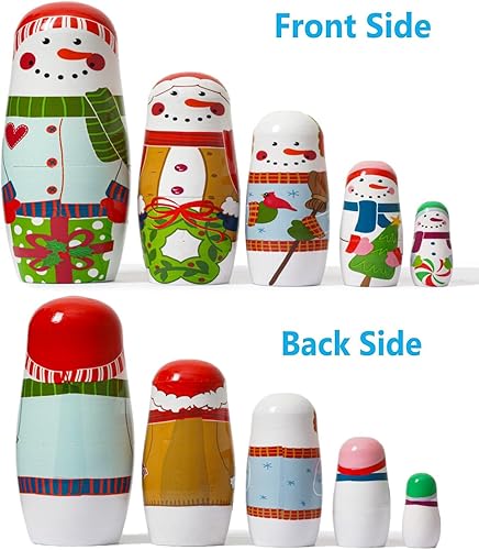 Miniatura 2 de SWANGSA 5 muñecas rusas de Navidad de anidación, bonitos muñecos de nieve de madera hechos a mano Matryoshka juguetes apilables para niños,