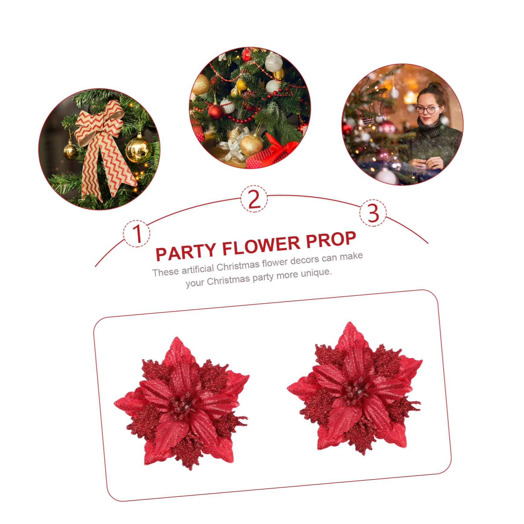 48 Piezas de Flores de Navidad árbol de Navidad Poinsettia con Purpurina navideña, Flores de Navidad con Purpurina, Corona de Navidad con Purpurina Artificial en Polvo, cártamo