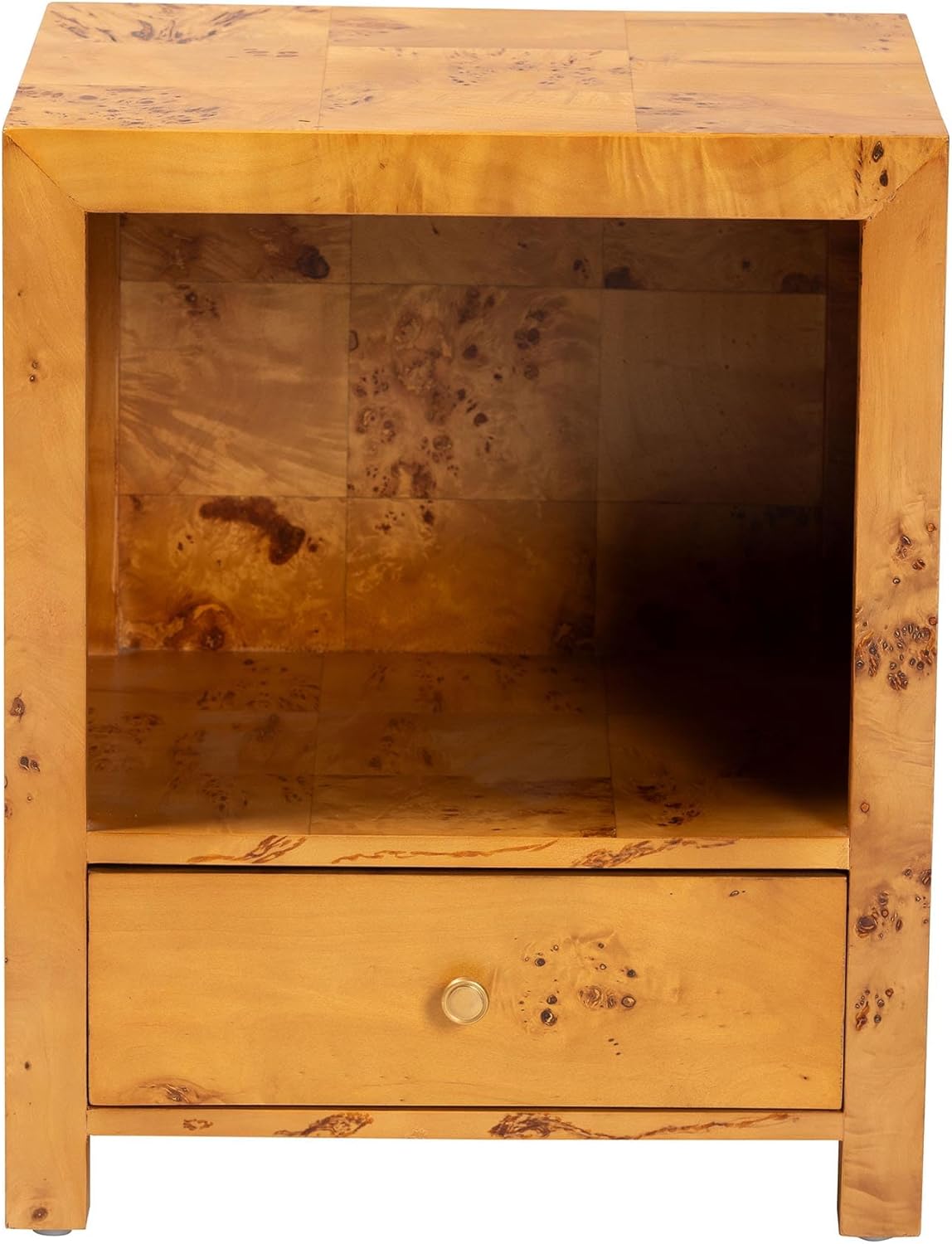 bali & pari Camira Modern and Contemporary Real Mappa Burl Wood 1-Drawer Nightstand