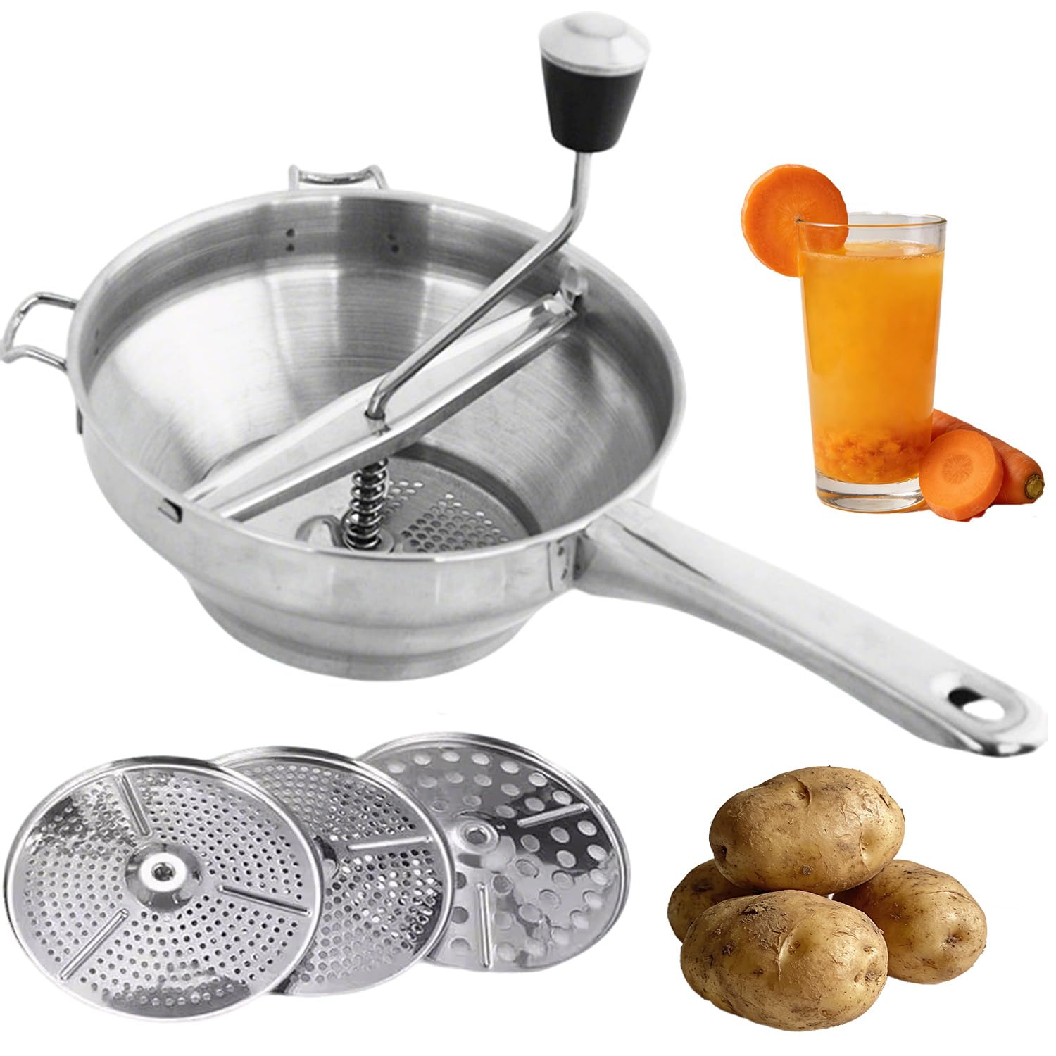 Passiergerät mit 3 Passiersieb,Manuelle Kartoffelstampfer Edelstahl,Classic Potato Masher,Kartoffelpresse Edelstahl,Passiermühle Gemüsemühle,für Soße, Kartoffelpüree,Marmelade