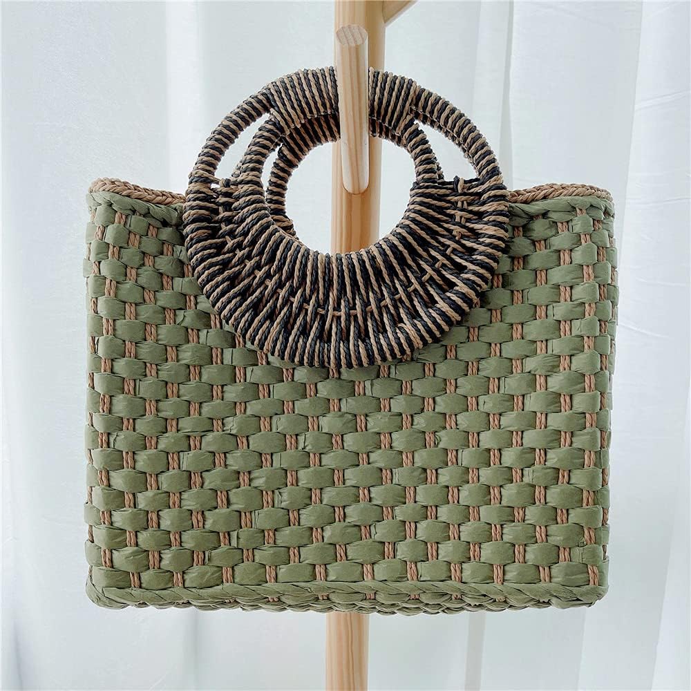 Women Summer Retro Straw Bag with Zip Hand-woven Beach Handbag Top Round Handle Boho Tote Bag Shopping and Travel Large Bag (Green) - Image 9
