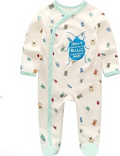 رومبر نوم بيبي فوتي 6-9 شهور مع طباعة حشرات، رومبر باكمام طويلة وكباسين جانبي، بحواف بلون اخضر فاتح، ابيض