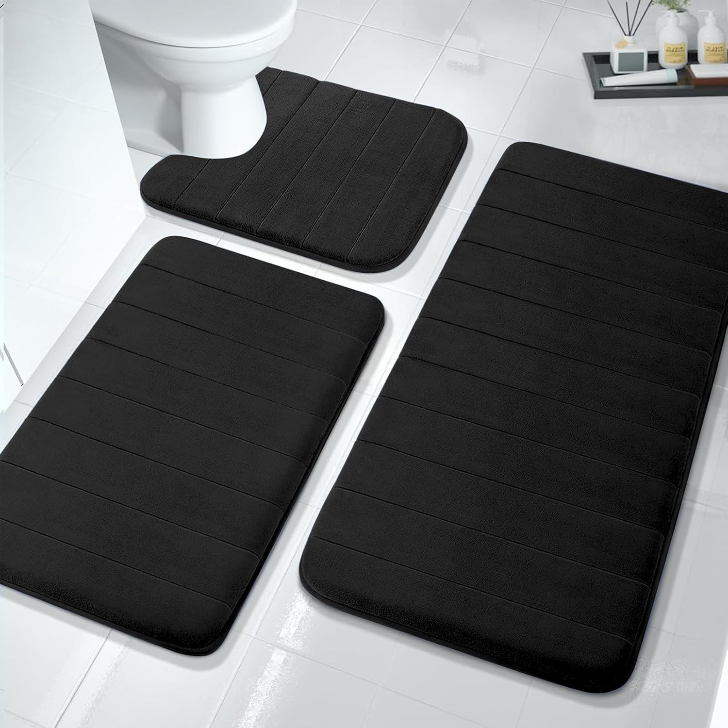 COCIVIVRE 3 Pieces Memory Foam Bath Mat Sets 19.7"x31.5" + 23.6"x15.7" and U-Shaped 23.6"x19.7" for Bathroom Rugs, Toilet Mats, Non-Slip, Water Absorption, Machine Washable, Black