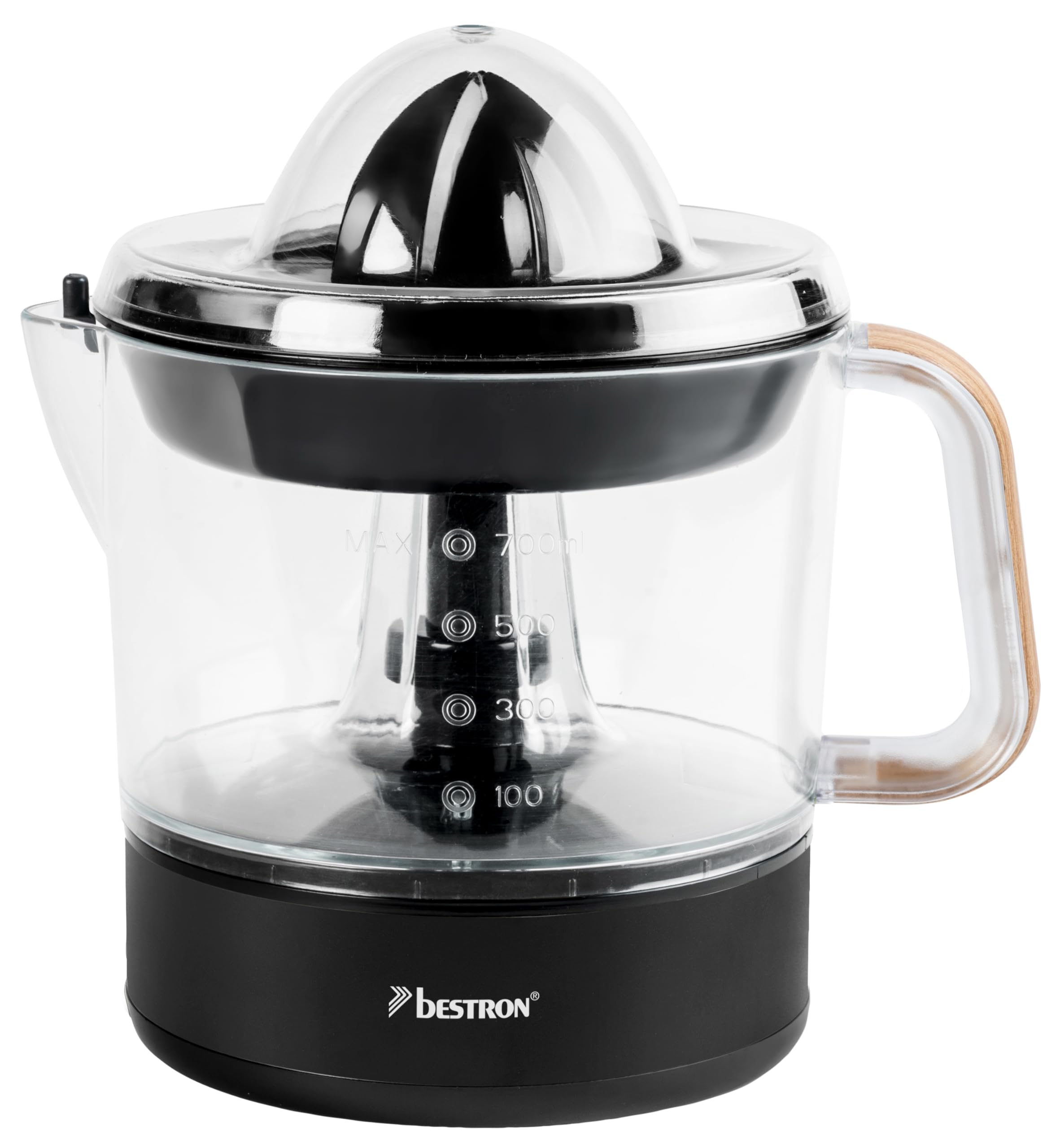Bestron Spremiagrumi elettrico e arancia, con 2 coni di pressione e coperchio dell'aroma, motore con due direzioni di rotazione (sinistra/destra), capacità: 0,7 litri, collezione Black & Wood, colore: