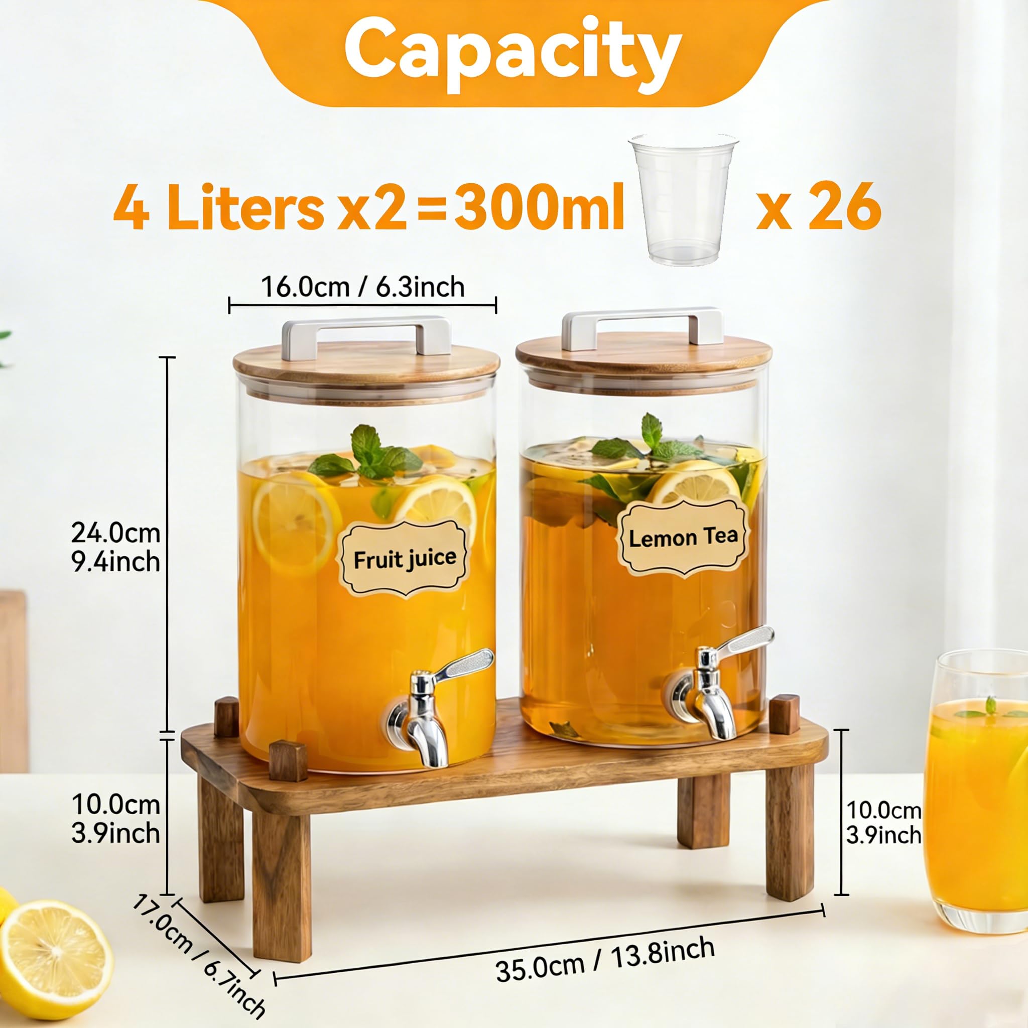 ‌MerryNine 2x4L Verre Distributeurs de Boissons, Distributeur Boissons avec Support en Bois, avec Robinet en Acier Inoxydable, Distributeurs d'Eau pour Fêtes, Idéal pour Limonades Froides ou Chaudes