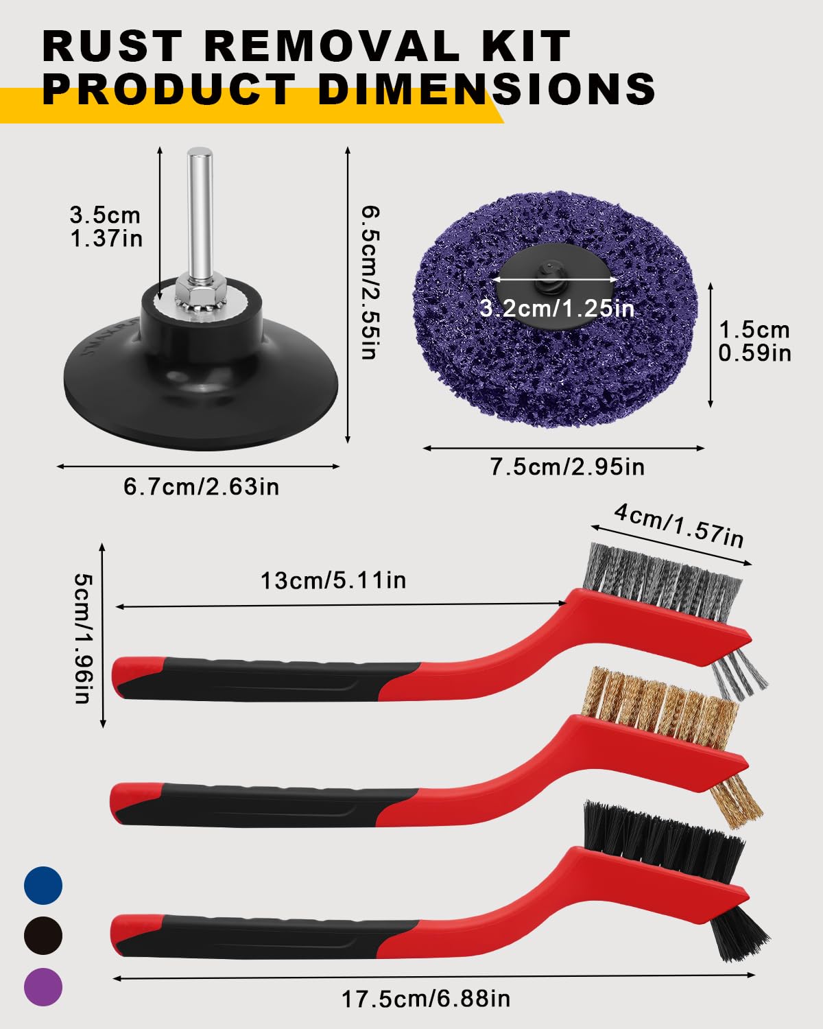 Kit de fijación de lijado de taladro de 75 mm - 3 discos de molienda (negro, morado, azul) + bandeja de cambio rápido + 3 cepillos (inoxidable, latón, nailon) - Herramienta pelacintas para