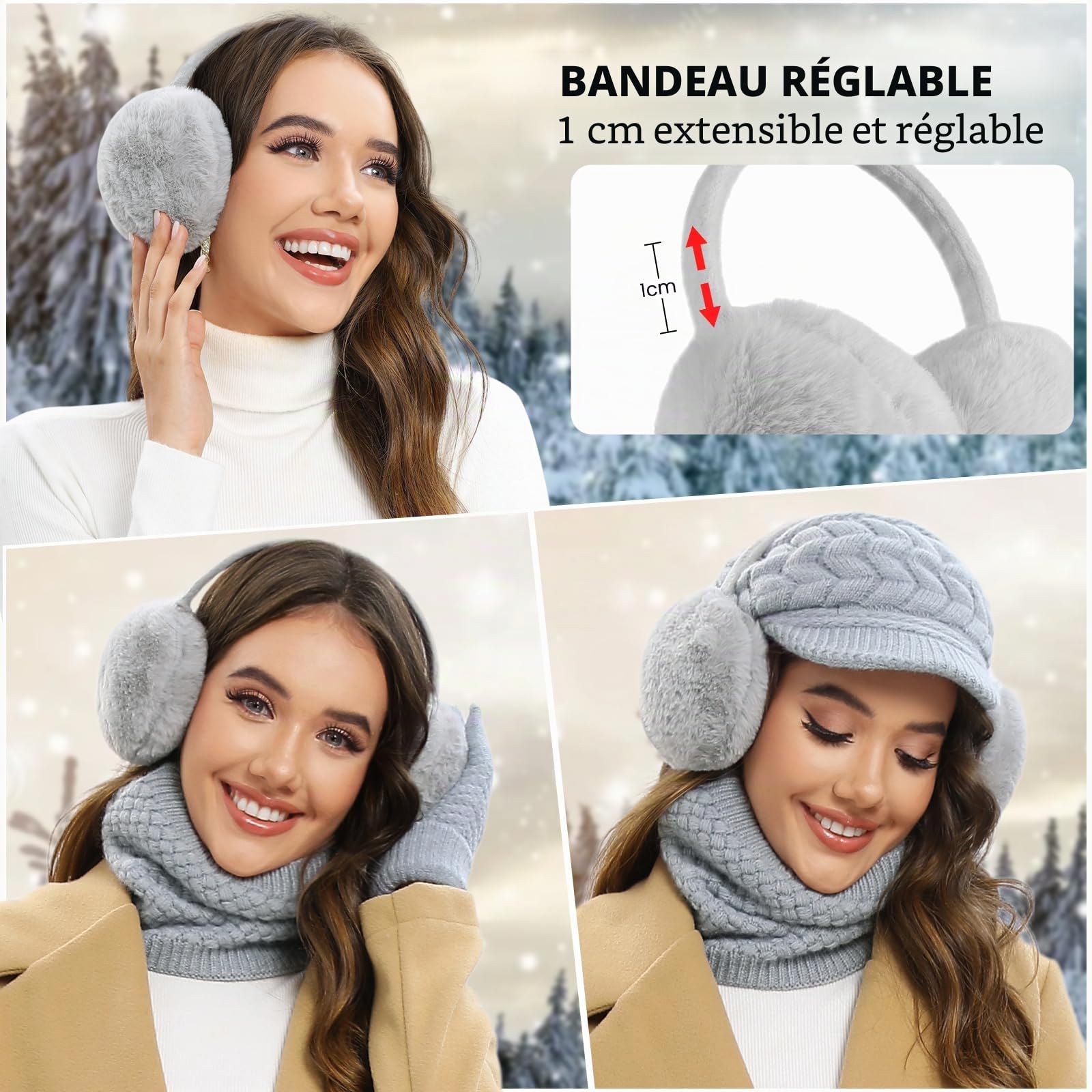 Packs Bonnet Écharpe et Gants Femme 5 en 1 Tricotés Ensemble Hiver Set Doublure Polaire Bonnet Echarpes Gants Tactiles Chaude Cache Oreille Chaussettes Thermiques