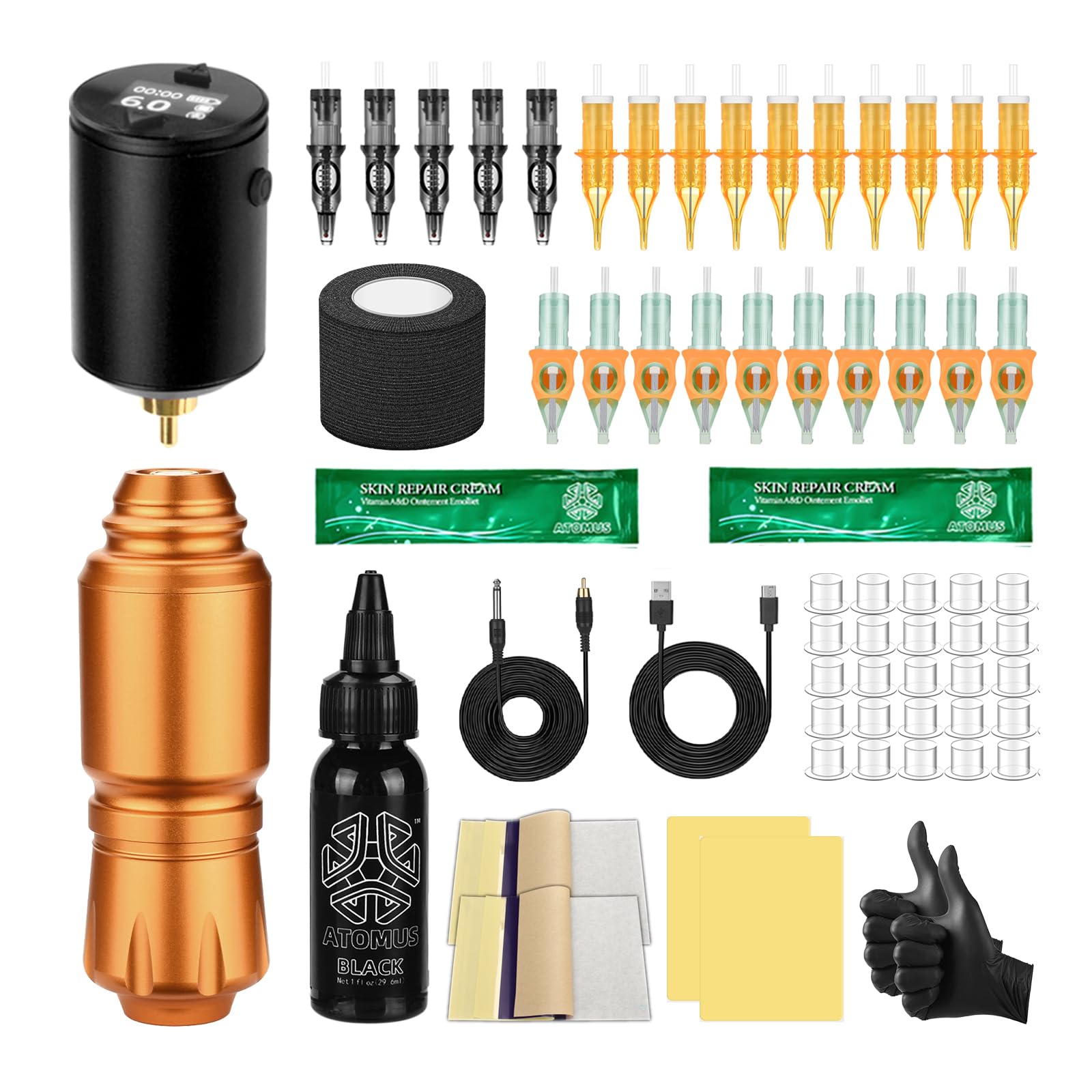 ATOMUS Golden Short Tattoo Pen Kit LCD Tattoo Power Supply Cartridge Rotary Complete Professional Tattoo Machine for Beginners(AT12)