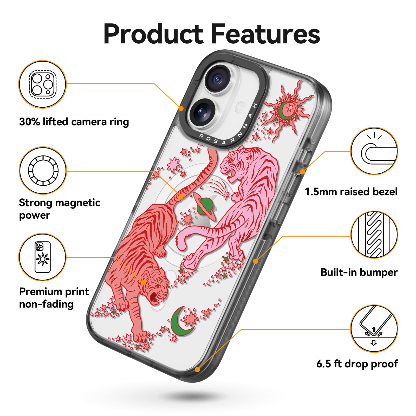 Rosarnnah Bonita funda para iPhone, compatible con Magsafe, duradera, a prueba de golpes, caída de 6.5 pies, diseño divertido de tigre para iPhone (6.1 pulgadas), color negro
