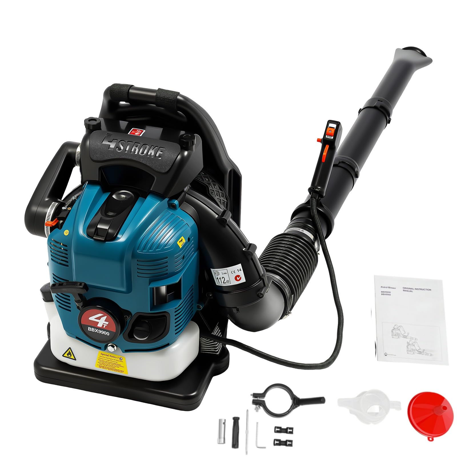 Petrol Leaf Blower 75.6CC 4 Stroke Backpack Leaf Blower 2600W 7000RPM Adjustable Speed Garden Vacuum and Blowers Handheld Engine Air Cooling 180° Adjustable Tube for Garden, Yard, Snow, Debri Clearing
