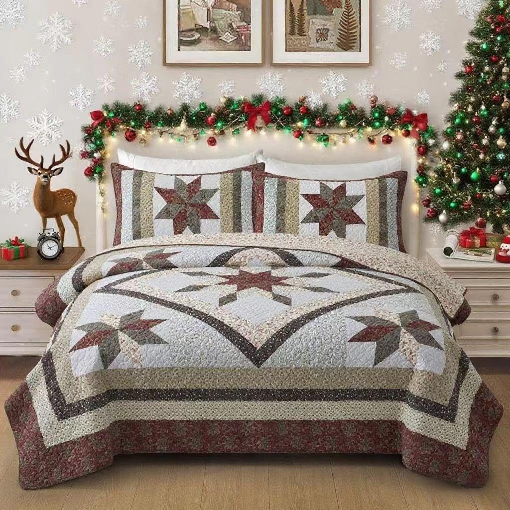 California King Quilt red Boho Vintage Patchwork for King Size Bed - 100% Cotton Farmhouse Quilt(118x102Inch) with Star and Flower Pattern Bedding Sets | cotton - Image 5