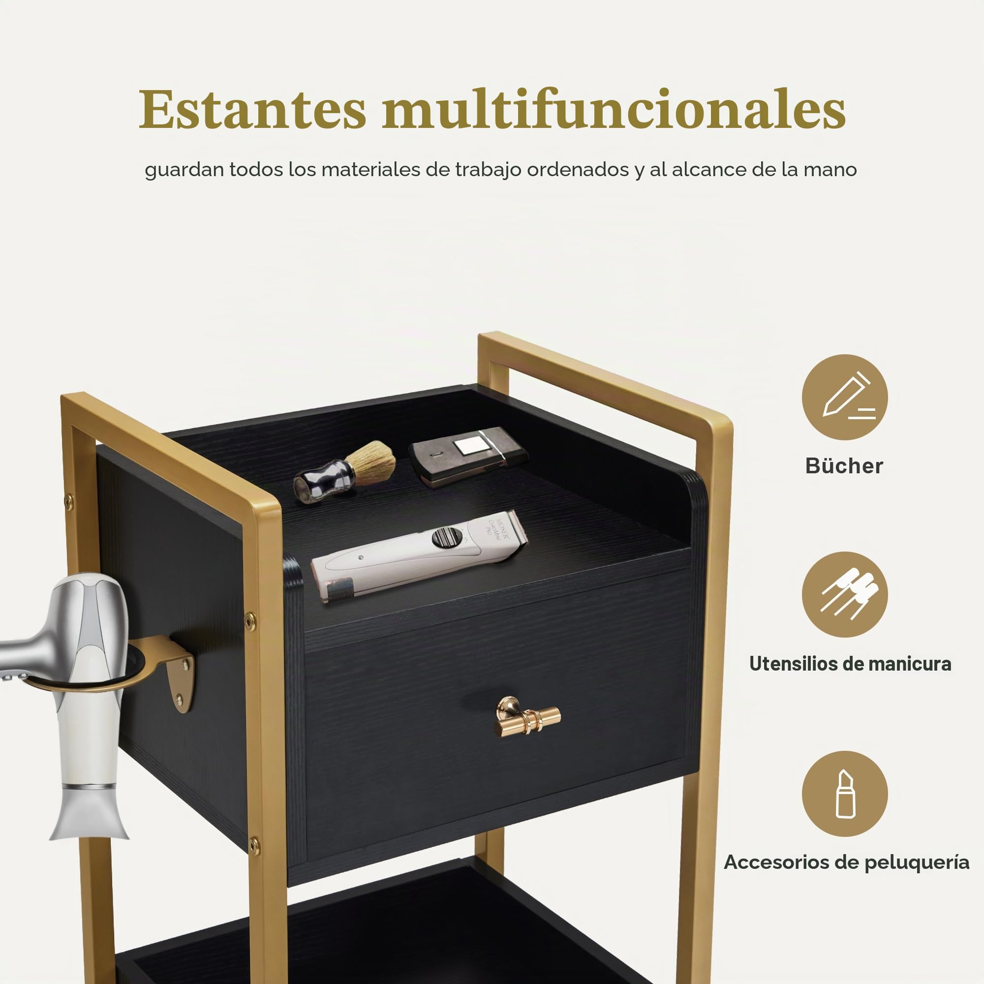 MCombo Carro de Peluquería con Ruedas y 3 Cajones Negro y Dorado 30x40x95cm