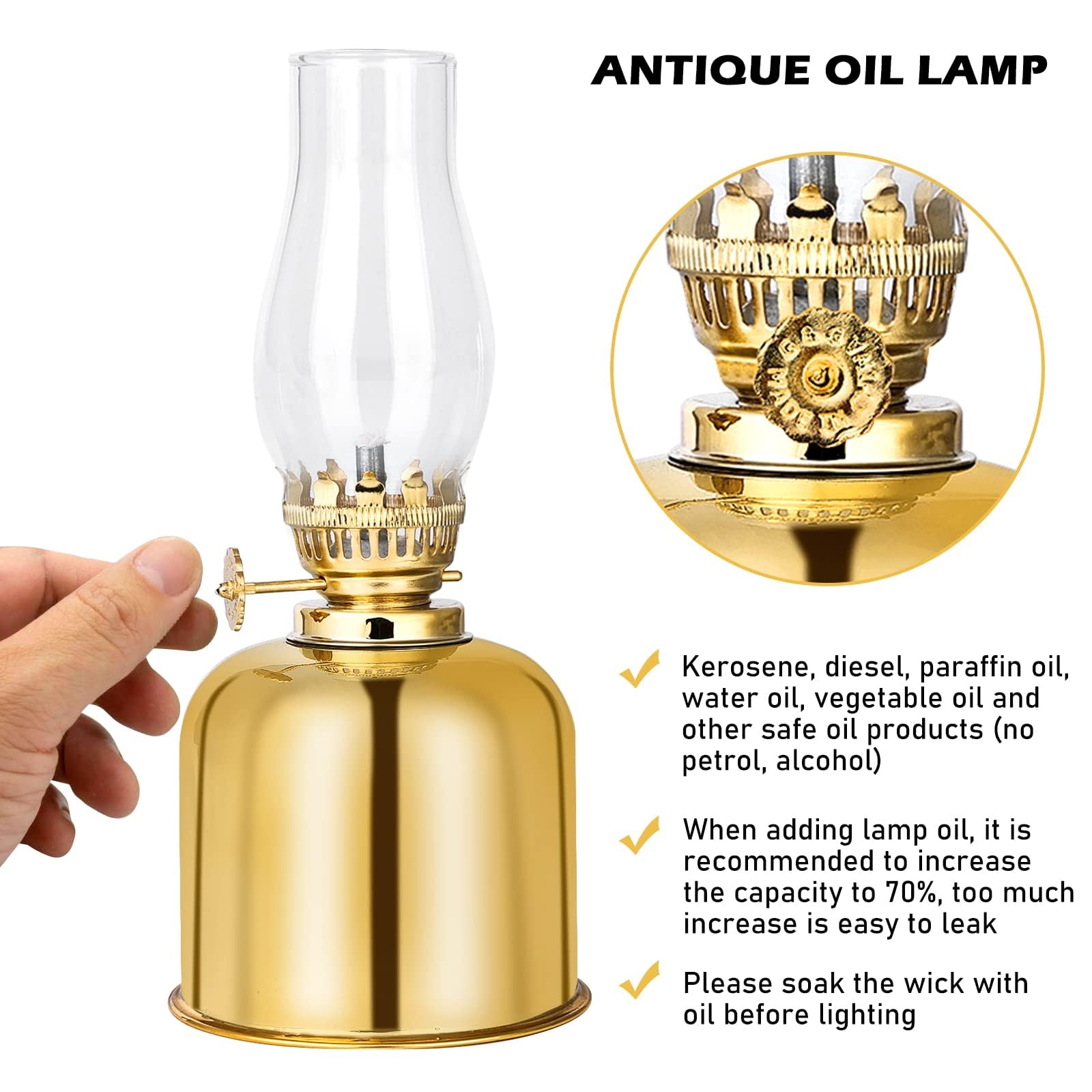 Petroleumlampe, Retro-Öllampe Laterne Aus Metall Und Glas Mit Drehfassung - Innen Outdoor Spiegelkerosenlampe, Winddicht, Antike Vintage Notlicht (Goldene)