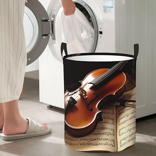 Miniatura 7 de Cesta circular con estampado de violín y libro, impermeable, cesta organizadora de lavandería, con asas, para ropa, juguetes, tamaño mediano