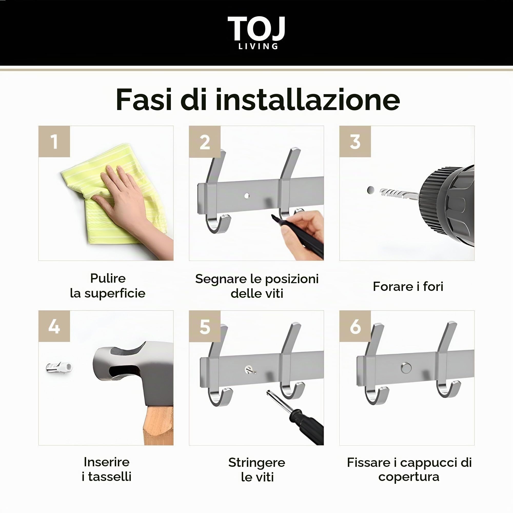 TOJ Living Appendiabiti da parete – 78 cm – 20 ganci – Appendiabiti – Appendiabiti – Appendiabiti – Appendiabiti da parete – Bianco – Appendiabiti da parete – Gancio appendiabiti – Acciaio