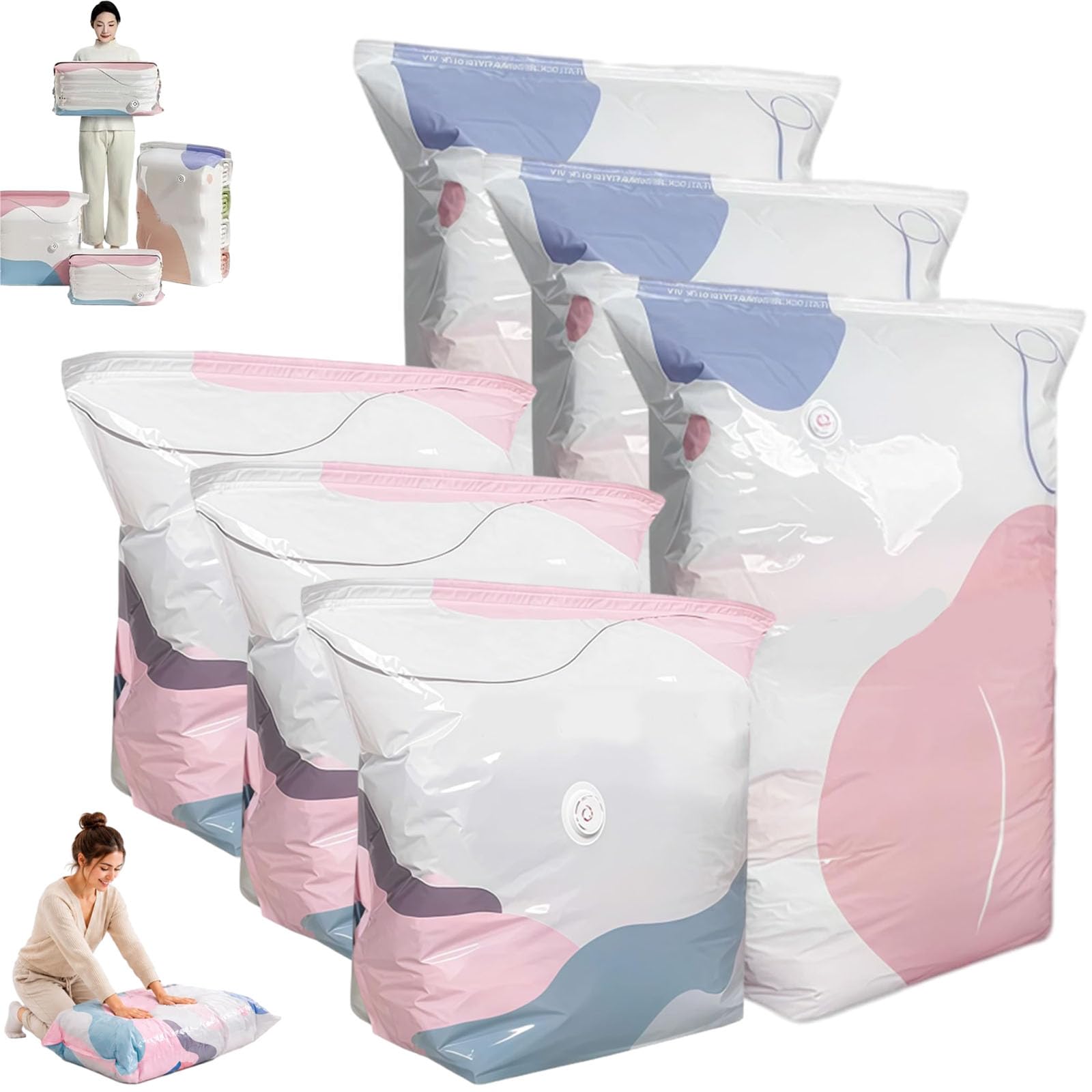 Large No-Pump 3D Vacuum Storage Bags, Sacchetti Salvaspazio Sottovuoto 3D Senza Pompa, No Pump Compression Storage Bag, Reusable Vacuum Pack Bags for Clothes Duvets，A+B 6PCS