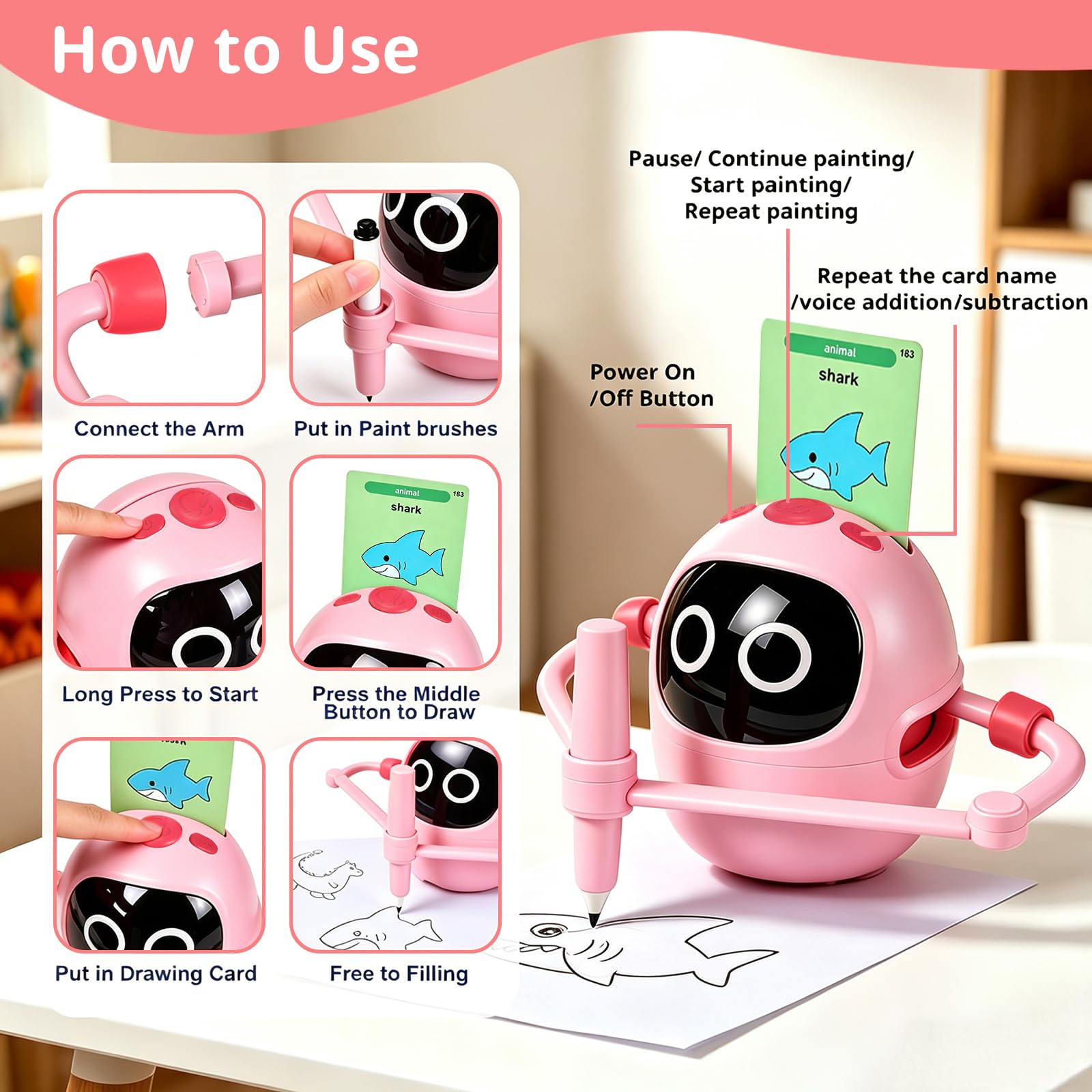 Robot da disegno per bambini, 220 carte educative con guida vocale Montessori, giocattolo da pittura per ragazze e ragazzi 3-8 anni, regalo di compleanno e Natale (rosa versione inglese)