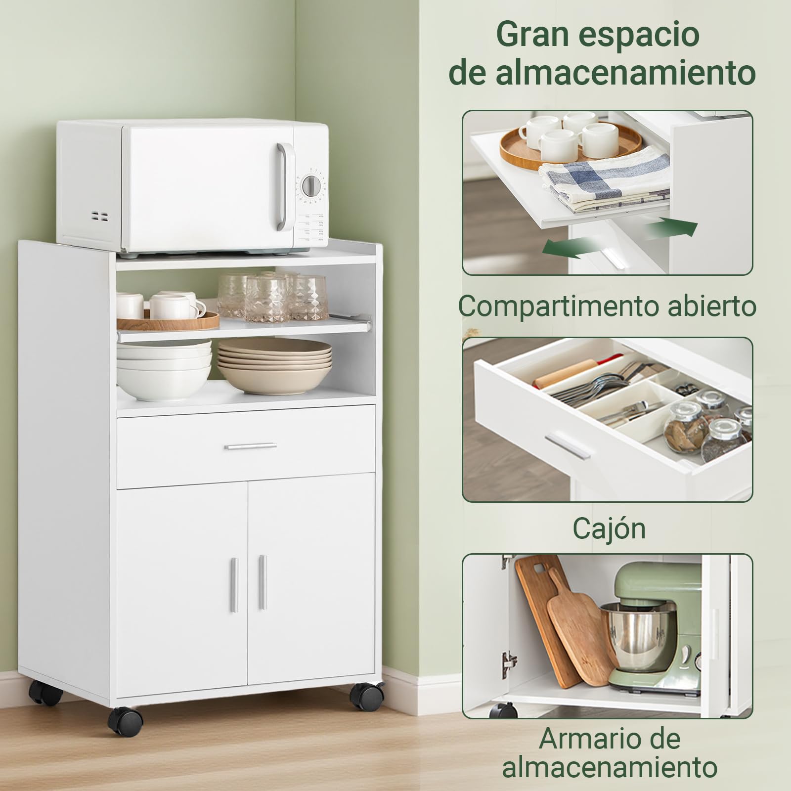 SoBuy Carrito de Cocina con Ruedas y Encimera Extensible Mueble Auxiliar para Microondas, Isla de Cocina Blanca 92x59x40cm para Comedor u Oficina FSB09-W