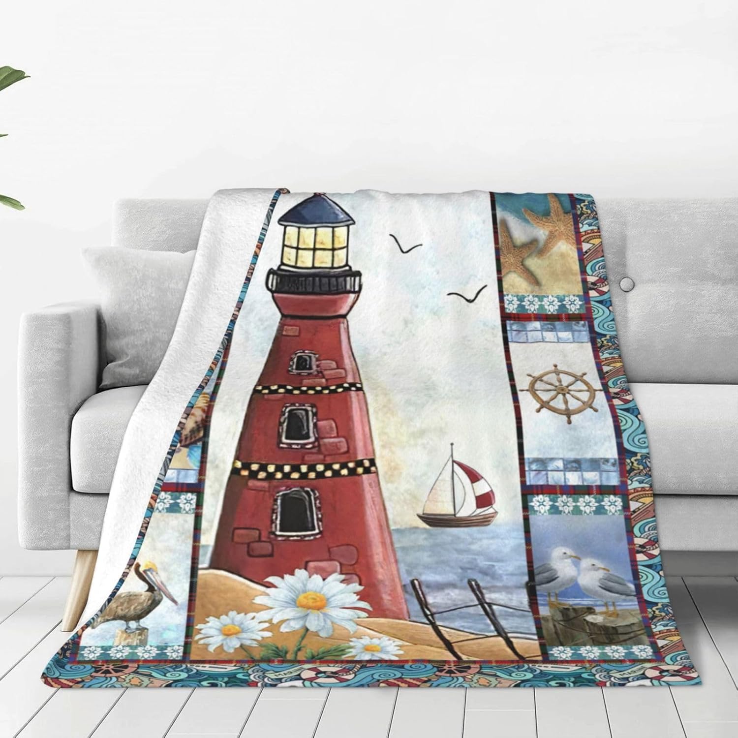 Lighthouse Blanket Nautical Lighthouse Anchor Decor Throw Blanket Gifts for Girls Boys Super Warm Soft Plush Lightweight Fleece Flannel Blanket Winter Bedding Blanket for Kids Adults Men Women 50"X40" - Image 2