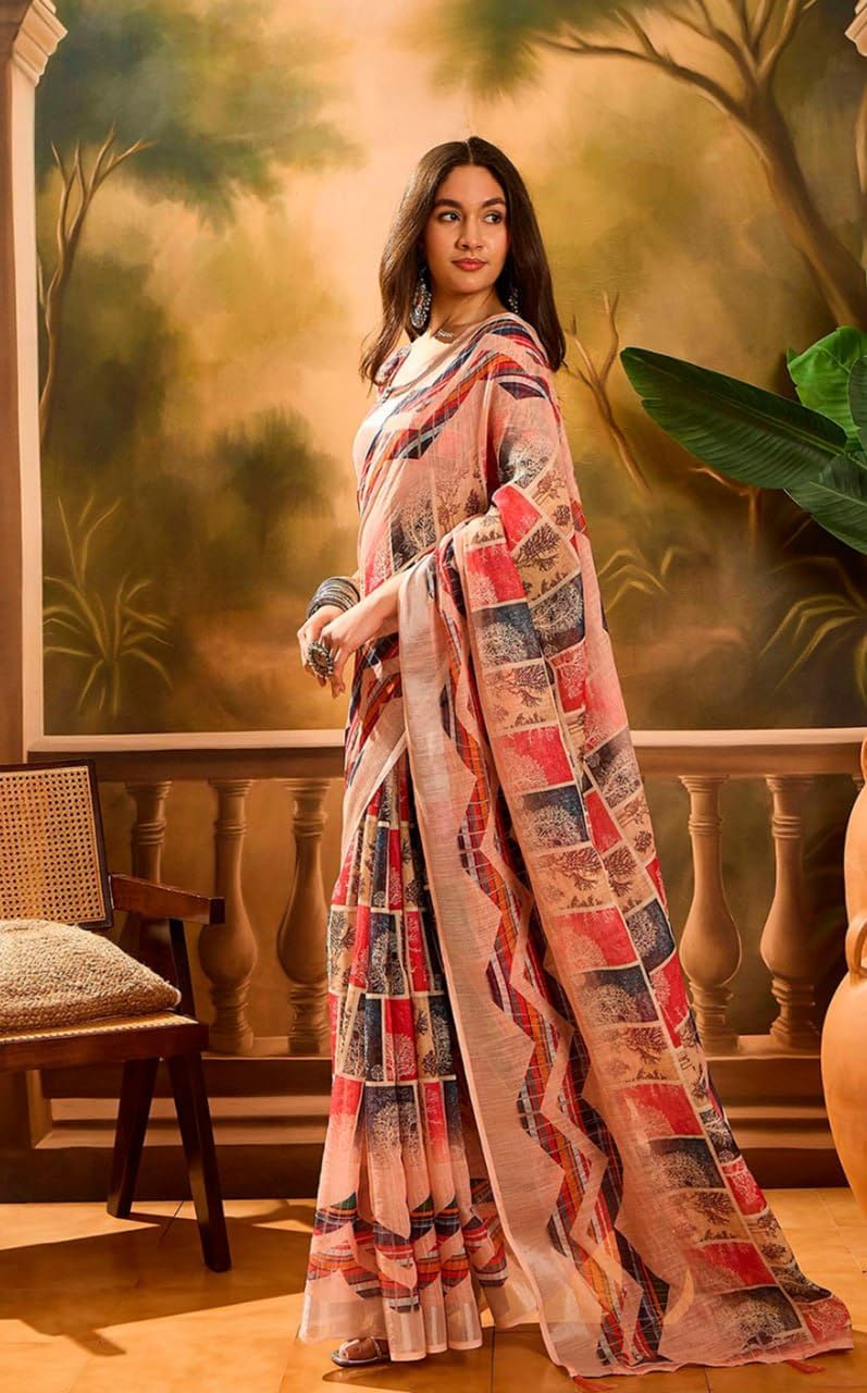 Women's cotton pinted Linen Saree, Peach, Multicolor Block Print, Casual Ethnic Wear