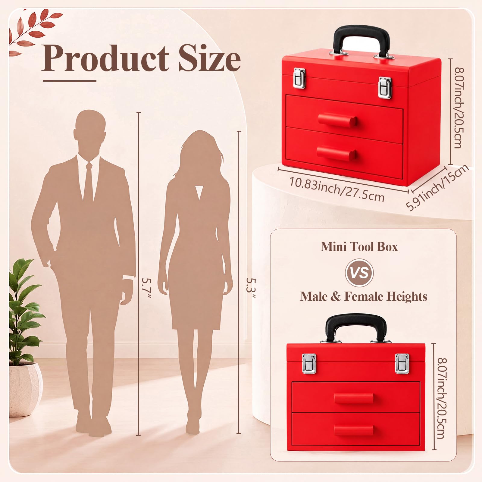 Weysat Mini-Werkzeugkiste aus Holz mit 2 Schubladen und oberer Aufbewahrung, tragbare kleine Werkzeugkiste mit PVC-Auskleidung, Mini-Aufbewahrungs-Organizer, Make-up-Box mit Metallriegelverschluss