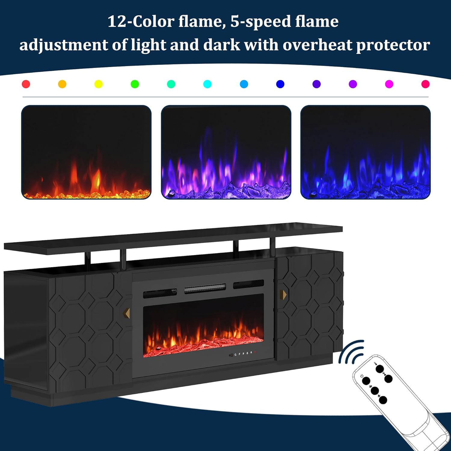 Clihome 70'' TV Stand with 36'' Electric Fireplace, Modern TV Console for TV up to 80", 2 Tier Entertainment Center Console Cabinet with Fireplace Insert, Black