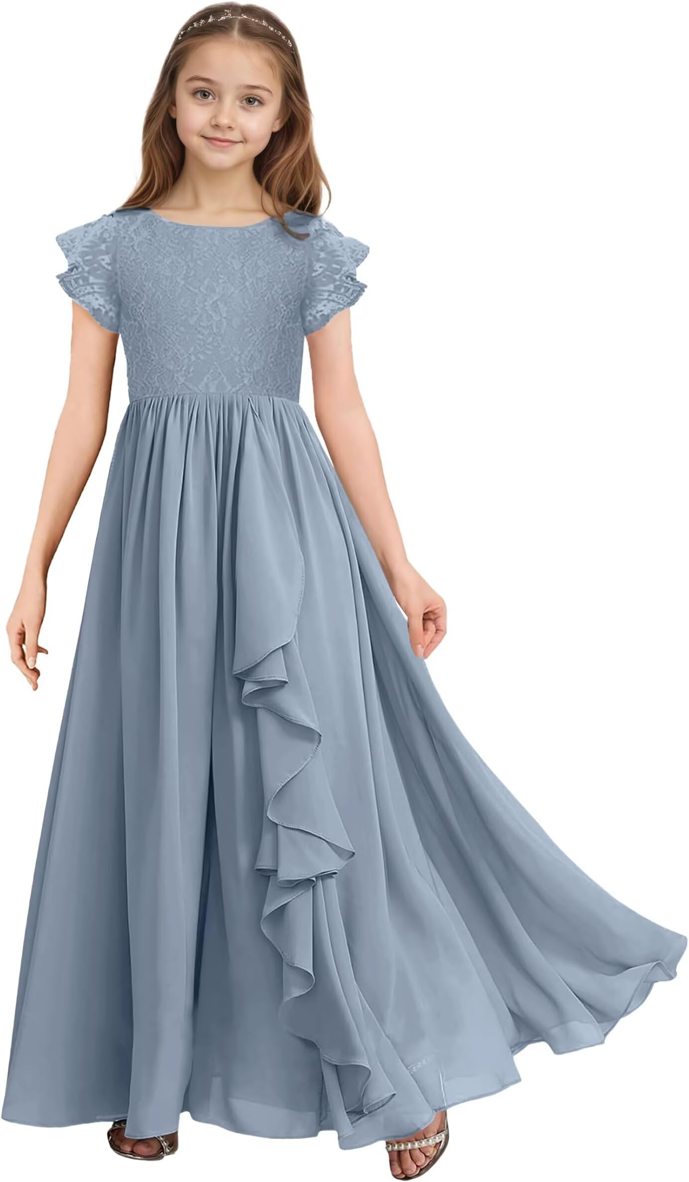 Short Sleeve Lace Junior Bridesmaid Dress Chiffon A Line Long Flower Girl Dress for Wedding Prom Gown