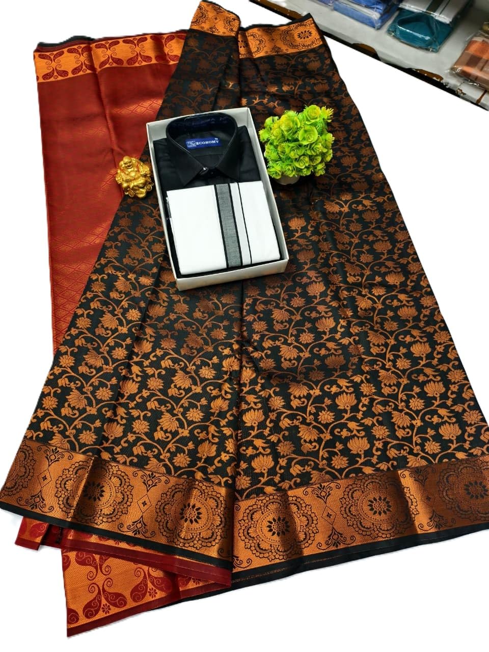 Kanjivaram Silk Saree with Shirt Piece, Black and Red Shirt size 36-image-48