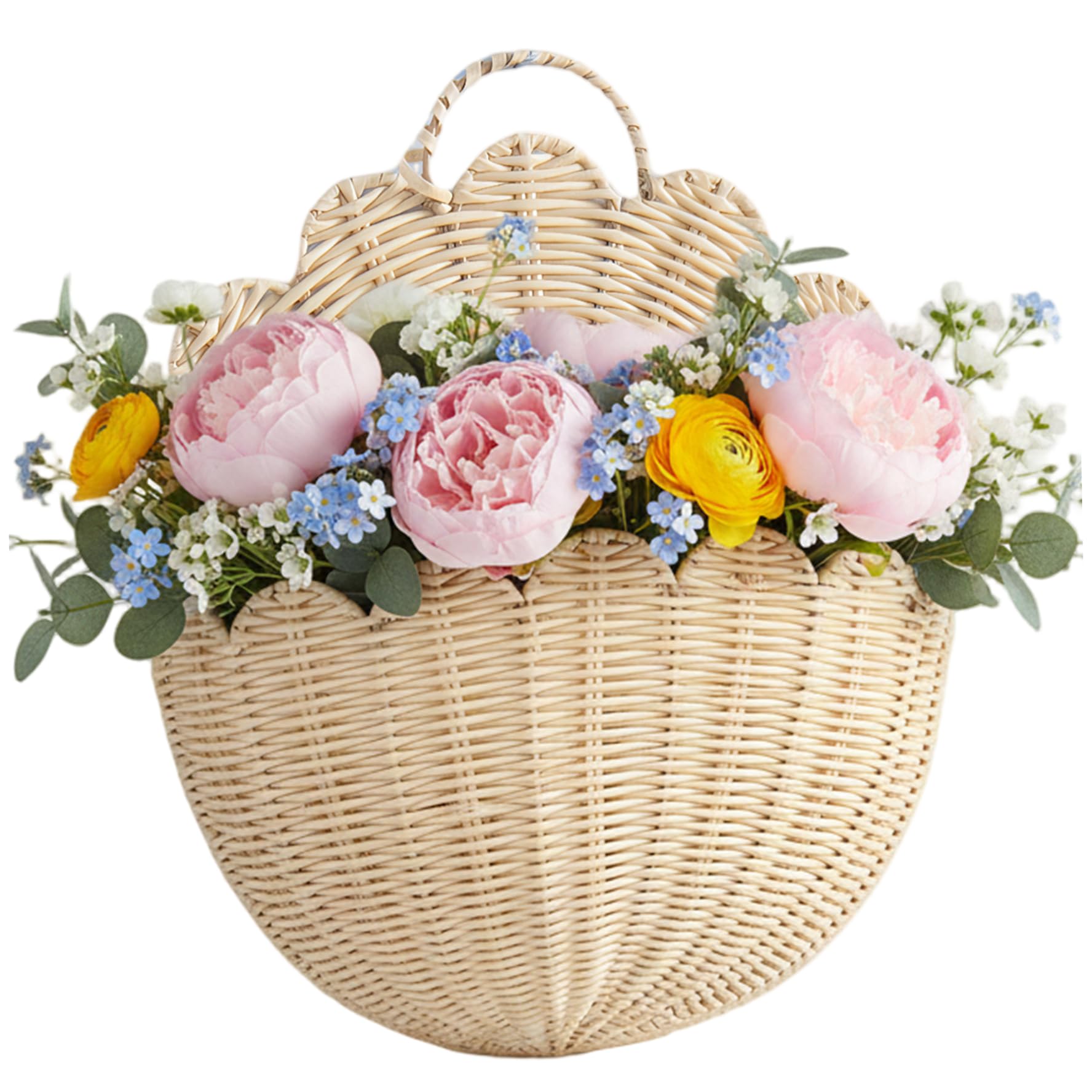 CAKEEYUM Scalloped Wall Basket Plastic Wicker Wall Baskets Hanging Scalloped Basket for Home Bathroom Kitchen Living Room 15x9.1x5.9 inch, Wicker Baskets, Rattan, Wa