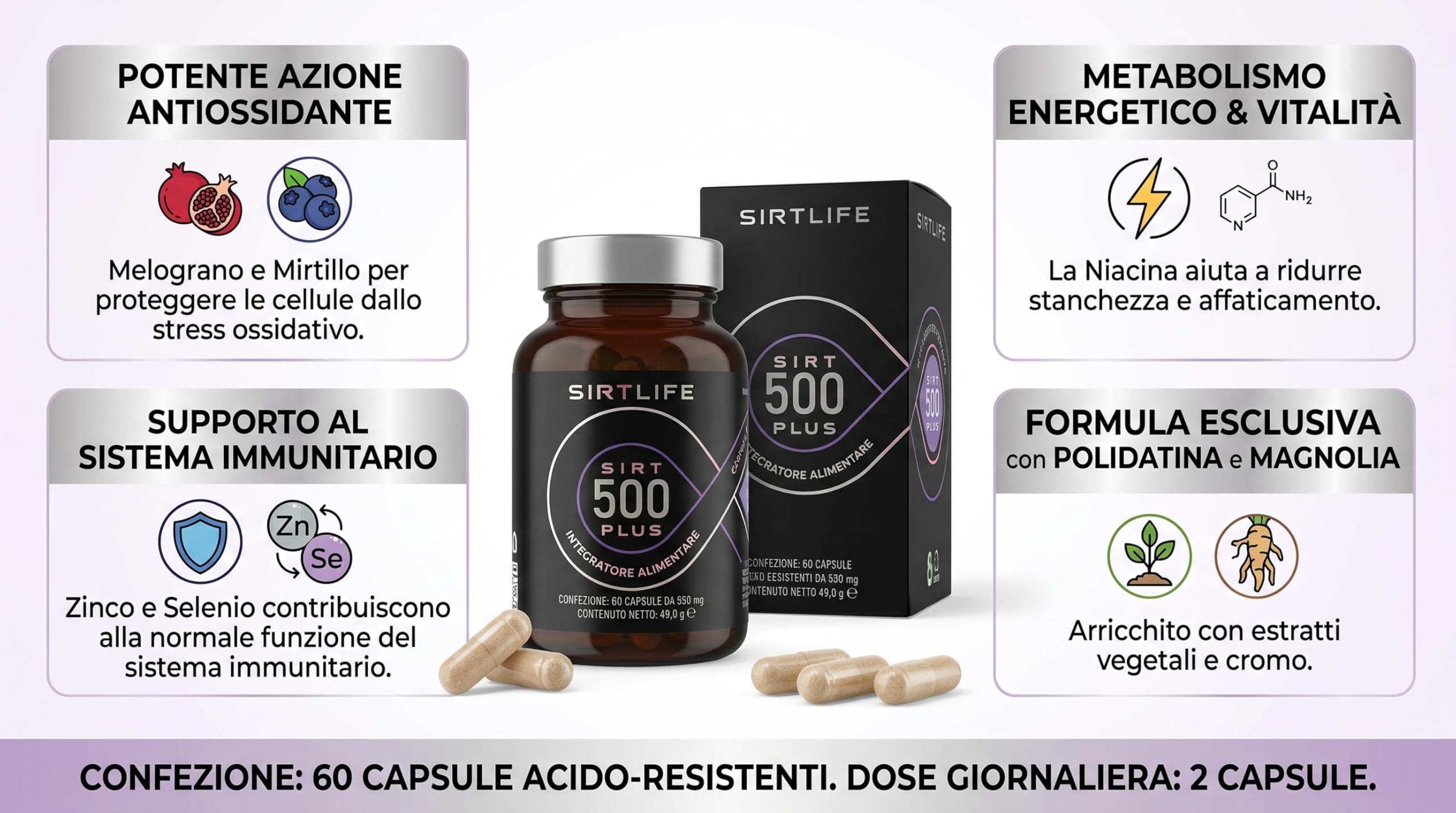 SIRT500 Plus, integratore alimentare naturale attivatore di Sirtuine, migliora il metabolismo e rallenta l’invecchiamento. 60 capsule