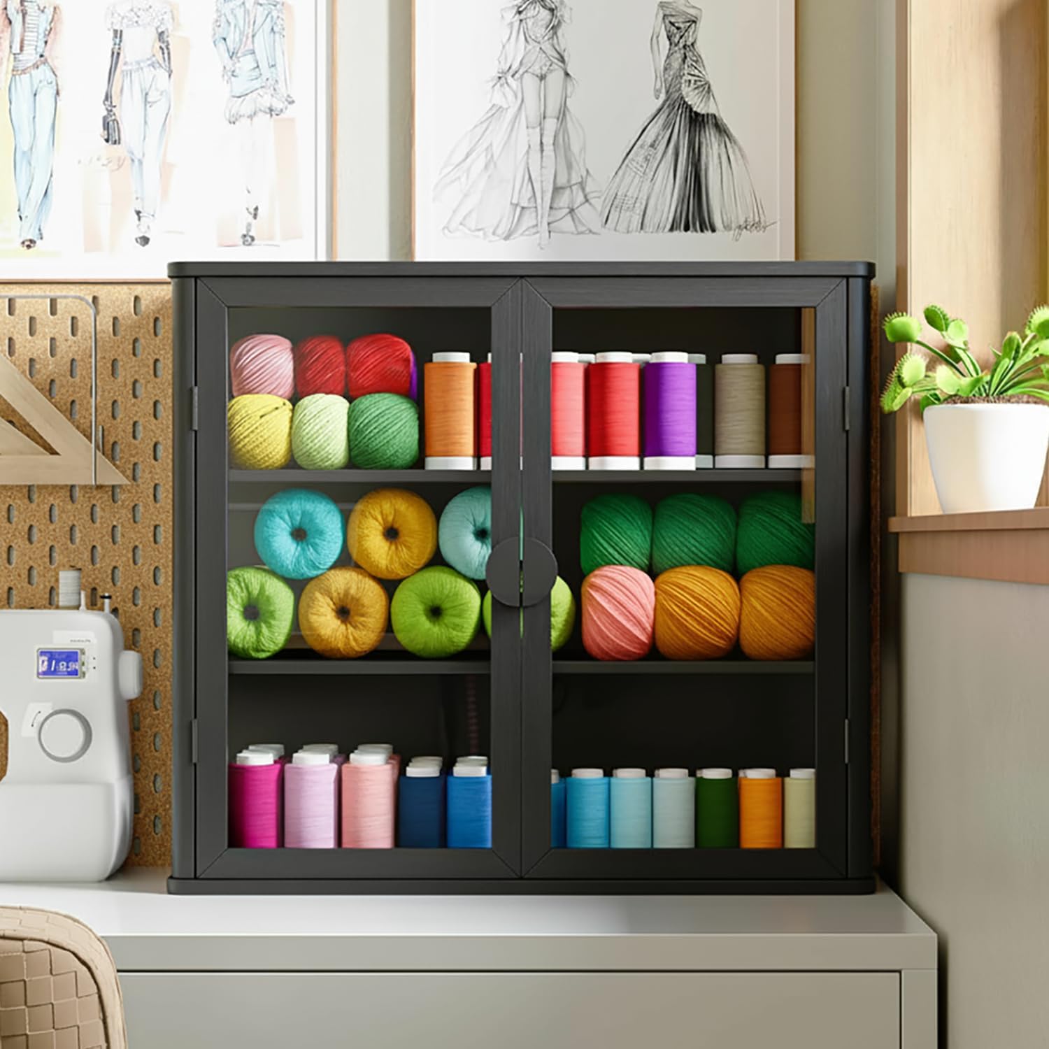Arts and Crafts Storage Cabinet with Adjustable Shelves Sewing Organizer, Multi-Purpose Sewing Cabinet for Craft Room/Home Office,Floor/Wall Mounted (Black, 28" W)