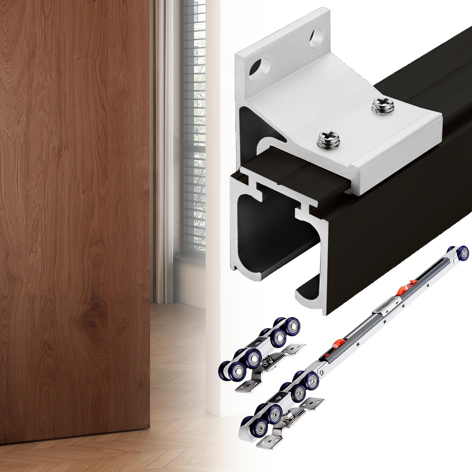 EBZFASO Sliding Door Track, Sliding Door Track Kit, Soft Close, 8 Wheel, Aluminum(Black,60in/152.4cm)