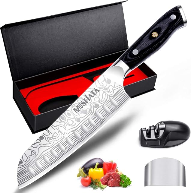 MOSFiATA 7" Super Sharp Chef Knife, Professional Cook Kitchen Knife Japanese Santoku Knives German High Carbon Stainless Steel EN1. 4116 with Finger Guard, Knife Sharpener, Micarta Handle and Gift Box