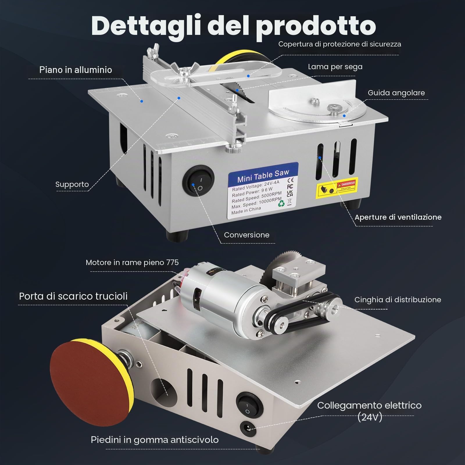 Mini sega circolare da tavolo con disco per lucidatura e 4 lame, mini sega circolare con alimentatore di rete a 7 marce, lama per sega regolabile da 0,1 a 15 mm, sega circolare portatile piccola per